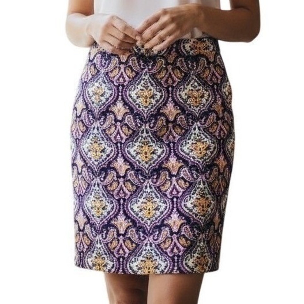 J.Crew Pencil Skirt Boho Paisley Damask Cotton Lined Pink Women Size 0 Cotton
